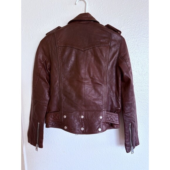 ALLSAINTS Women’s Burgandy Lined Leather Jacket Gidley Biker Moto US Size 2 WARM - Picture 2 of 8